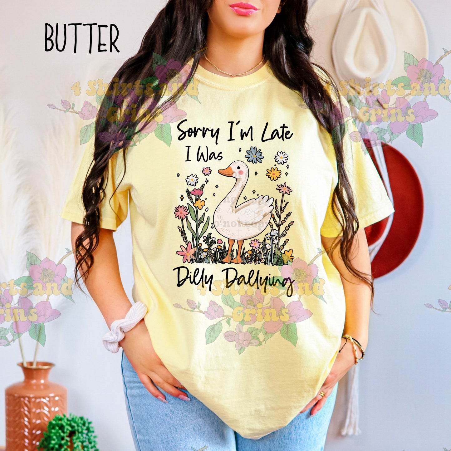 Whimsical Goose "Sorry I’m Late, I Was Dilly Dallying" Graphic Tee