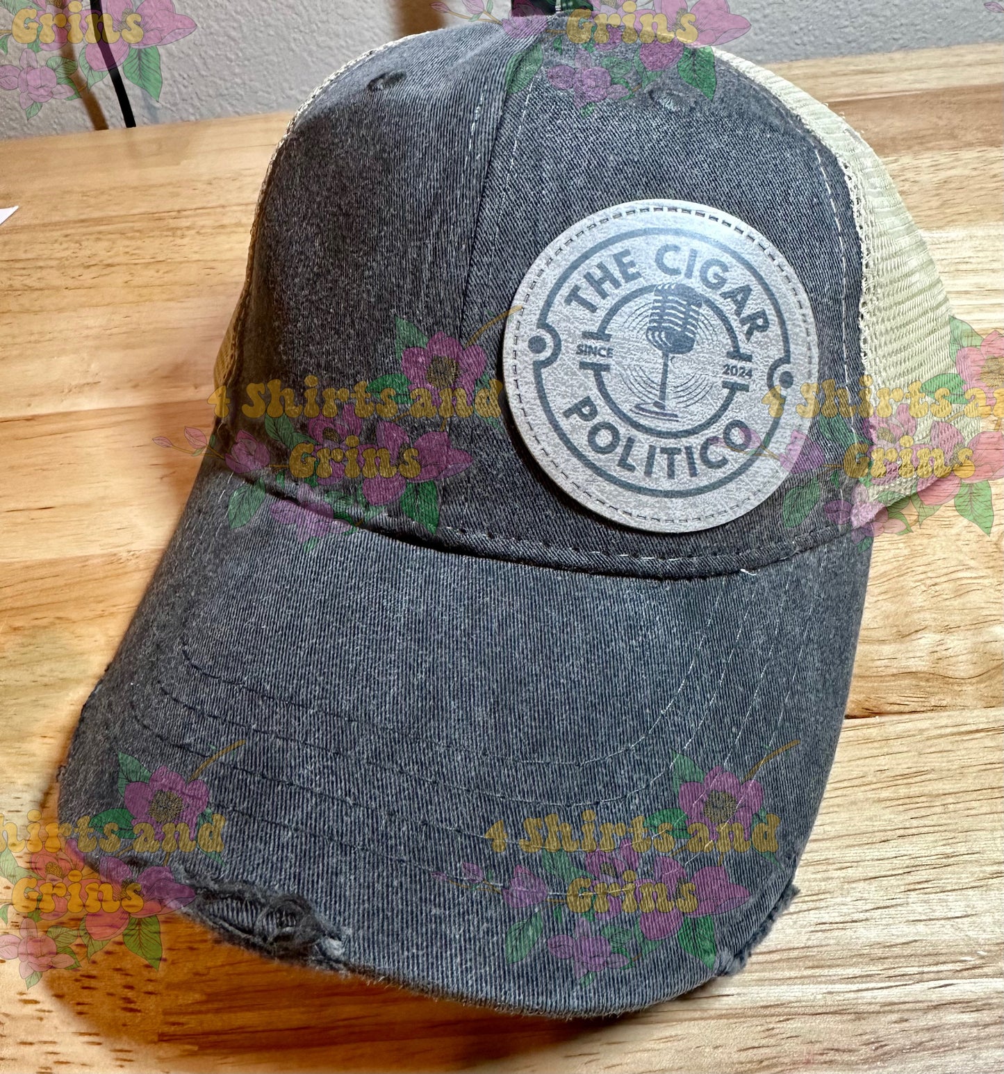 Cigar Politico Podcast Hat | Faux Leather Patch | Distressed Trucker Cap