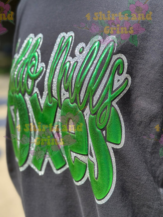 Caddo Mills Foxes Metallic Puff Tee | Comfort ColorsĀ® Spirit Shirt | Silver Glitter & Green Puff