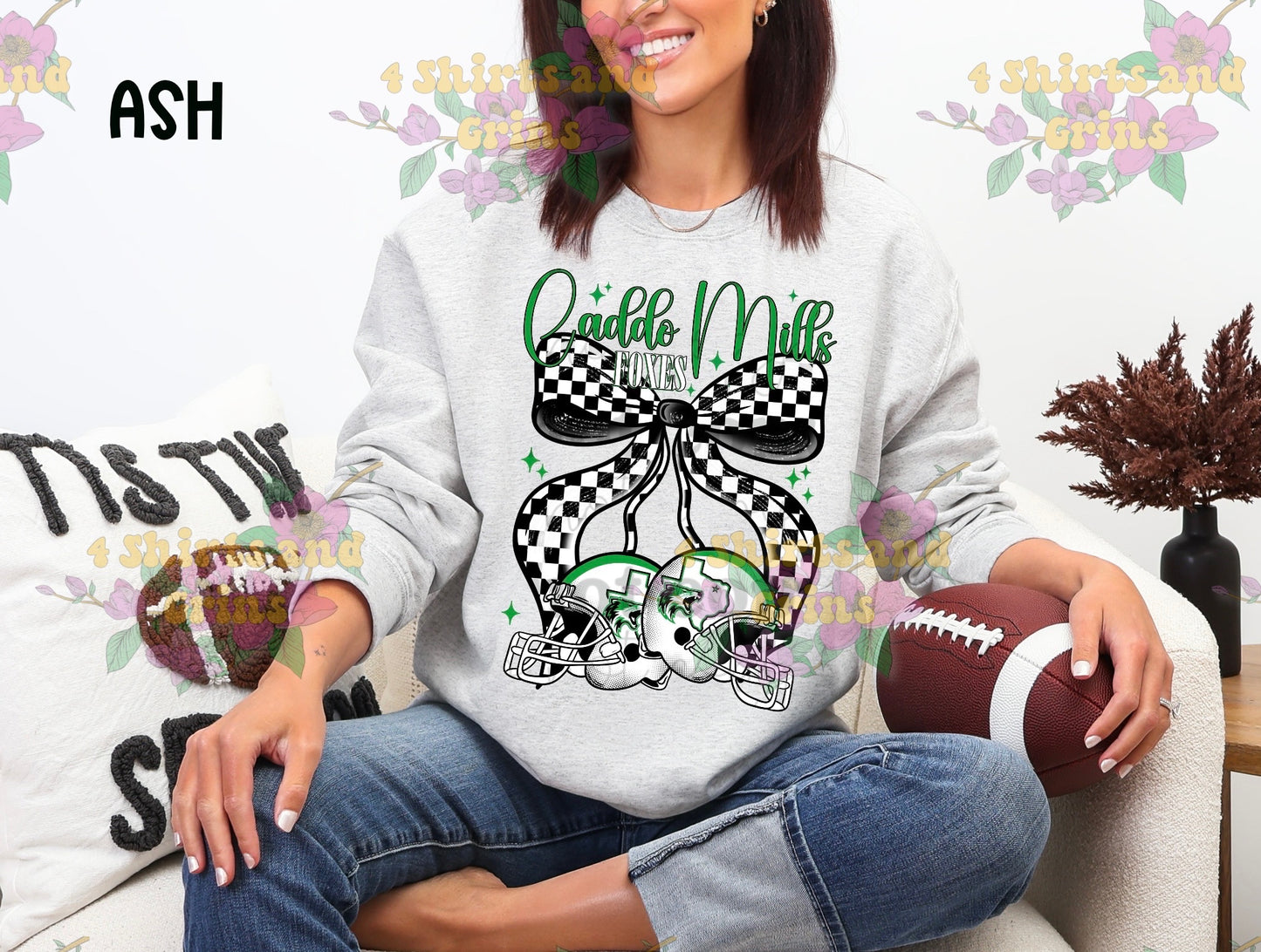 Caddo Mills Foxes Bow Football Sweatshirt | Comfort Colors Sand or Ash Grey | Spirit Wear Game Day Crewneck
