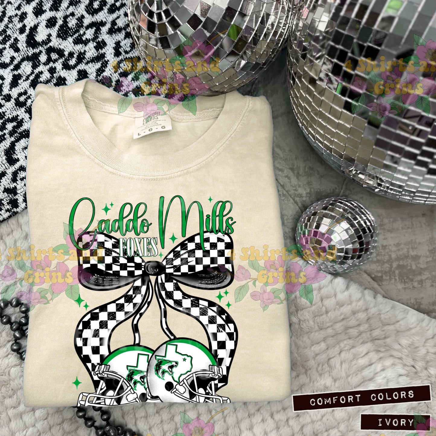Caddo Mills Foxes Bow Football Sweatshirt | Comfort Colors Sand or Ash Grey | Spirit Wear Game Day Crewneck
