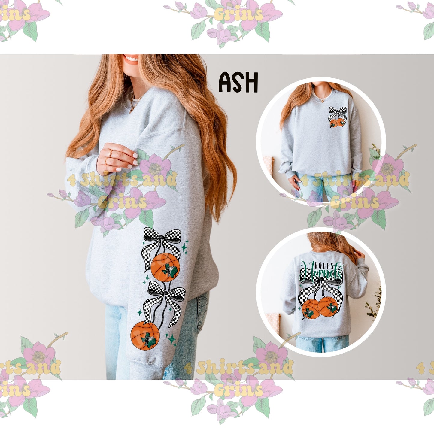 Boles Hornets Bow Basketball Sweatshirt | Comfort Colors Sand or Ash Grey | Spirit Wear Game Day Crewneck