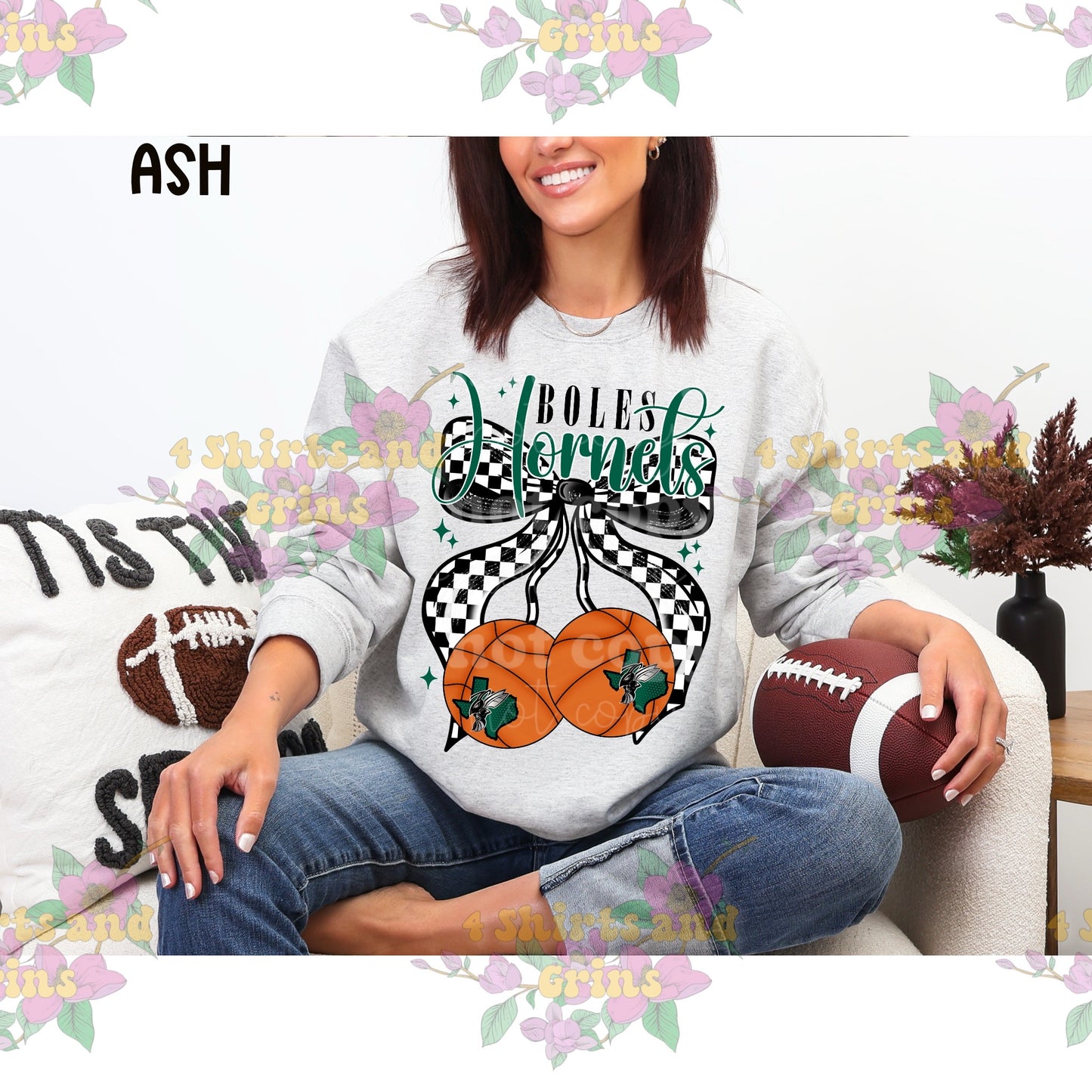 Boles Hornets Bow Basketball Sweatshirt | Comfort Colors Sand or Ash Grey | Spirit Wear Game Day Crewneck