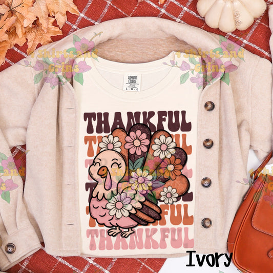 Thankful Turkey Shirt β Fall Thanksgiving Graphic Tee, Long Sleeve, or Sweatshirt β Comfort Colors & Jerzees β Sand, Pink, Ivory, Espresso & Chocolate