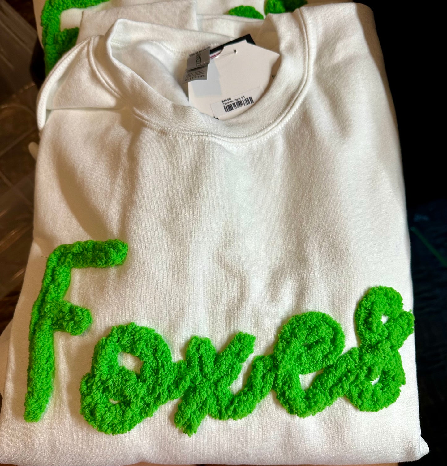 Foxes Chenille Script Sweatshirt | Green Fuzzy Letter Appliqué