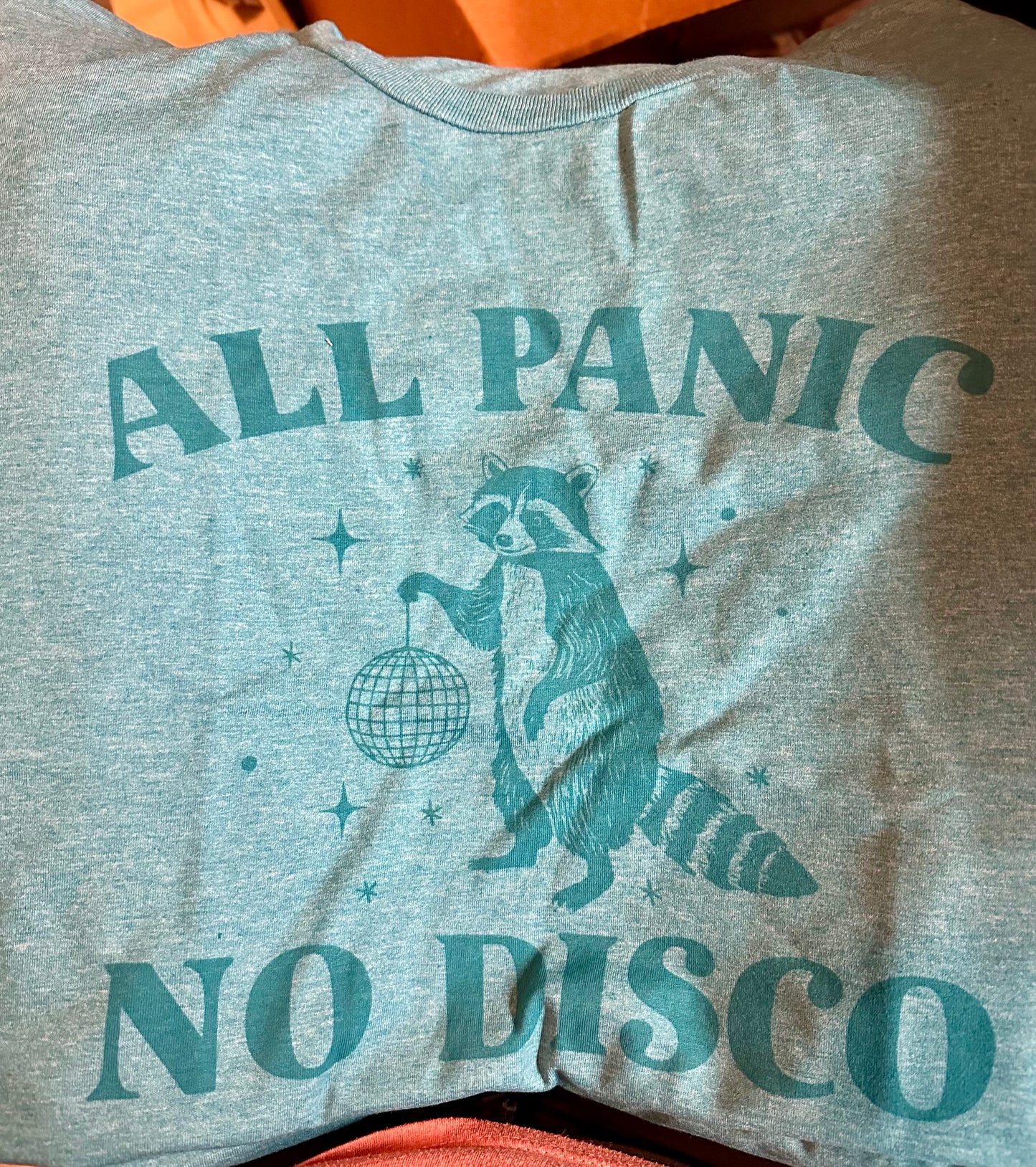All Panic, No Disco Tee | Sublimated Raccoon Shirt in Heather Galapagos Blue