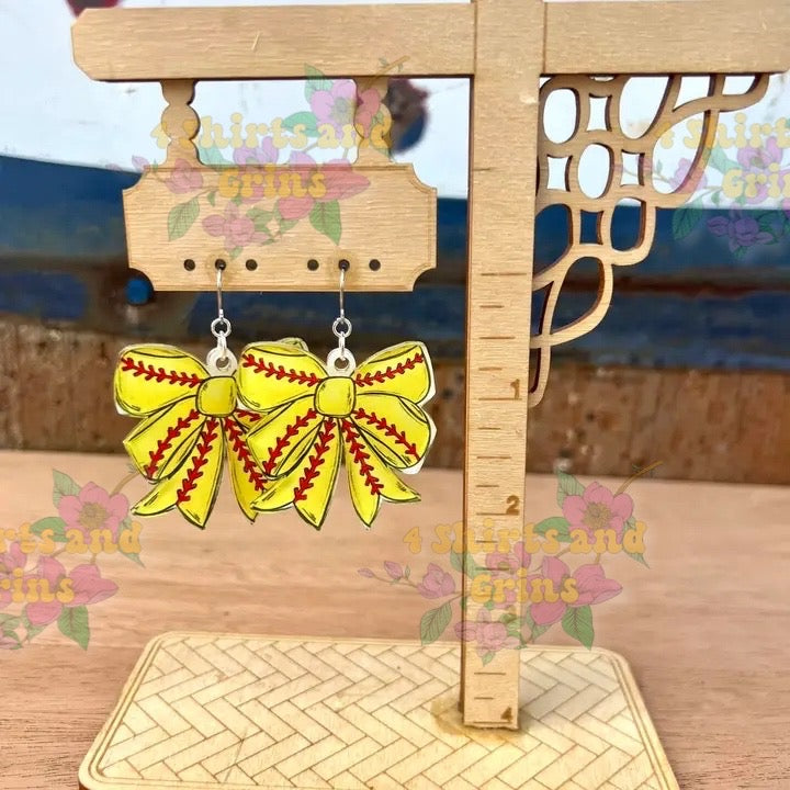 Acrylic Sports Bow Earrings | Softball, Baseball, Basketball, Soccer Statement Earrings – 2" Lightweight Dangles