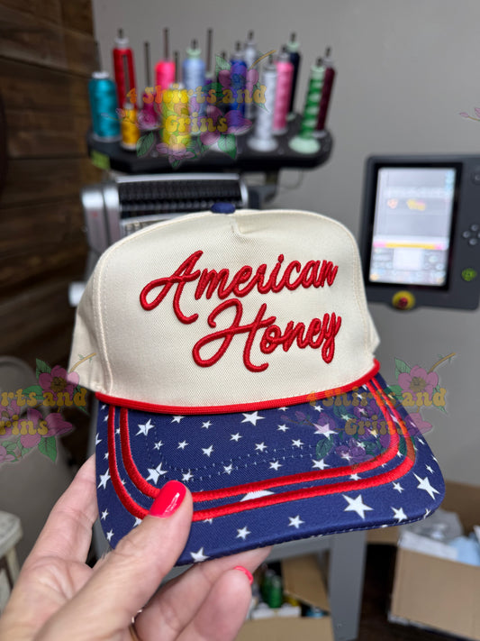 American Honey Patriotic Trucker Hat | Custom Embroidered Hat | Retro USA Hat | 4th of July Hat | Patriotic Baseball Cap