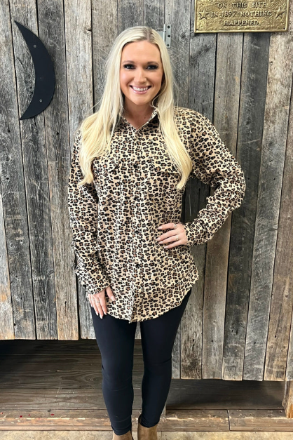 Leopard Flannel Spirit Shirt | FOXES Green Glitter Back Print