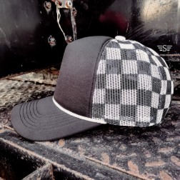 Custom Upside Down or Right Side Up Puff Trucker Hat | Checkered Mesh Back | 5-Panel High Crown Cap