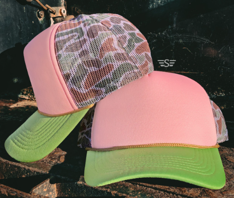 Custom Puff Trucker Hat | Camo Mesh Back | Green or Pink Front | Personalized Sayings | Choose Puff Vinyl Color