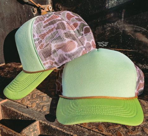 Custom Puff Trucker Hat | Camo Mesh Back | Green or Pink Front | Personalized Sayings | Choose Puff Vinyl Color