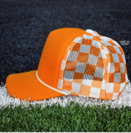 Custom Upside Down or Right Side Up Puff Trucker Hat | Checkered Mesh Back | 5-Panel High Crown Cap