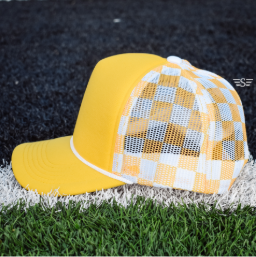 Custom Upside Down or Right Side Up Puff Trucker Hat | Checkered Mesh Back | 5-Panel High Crown Cap
