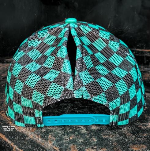 Custom Checker Magna-Pony Hat | Puff or Metallic Puff | Choose Your Wording & Color | High Ponytail Trucker Cap