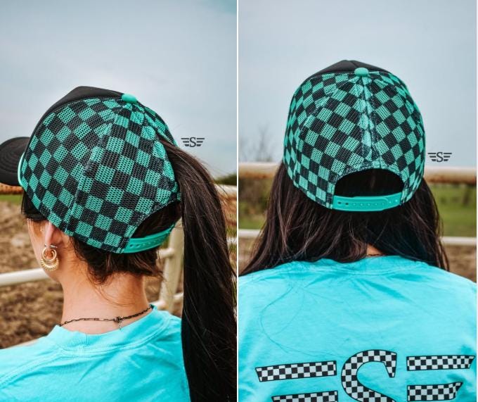 Custom Checker Magna-Pony Hat | Puff or Metallic Puff | Choose Your Wording & Color | High Ponytail Trucker Cap