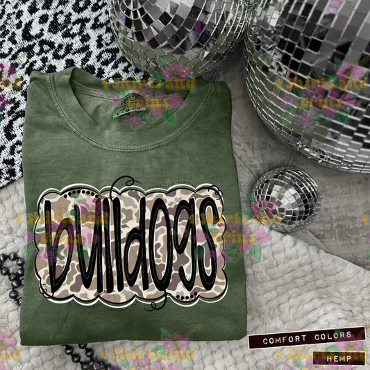 Bulldogs Camo Mascot Tee | Comfort Colorsยฎ Spirit Shirt | Youth & Adult Sizes | Message for Other Mascots