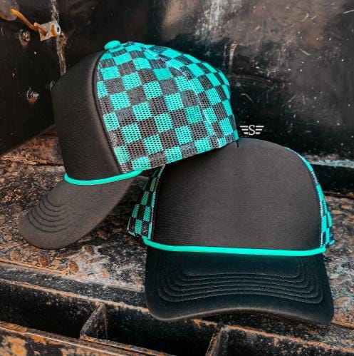 Custom Checker Magna-Pony Hat | Puff or Metallic Puff | Choose Your Wording & Color | High Ponytail Trucker Cap