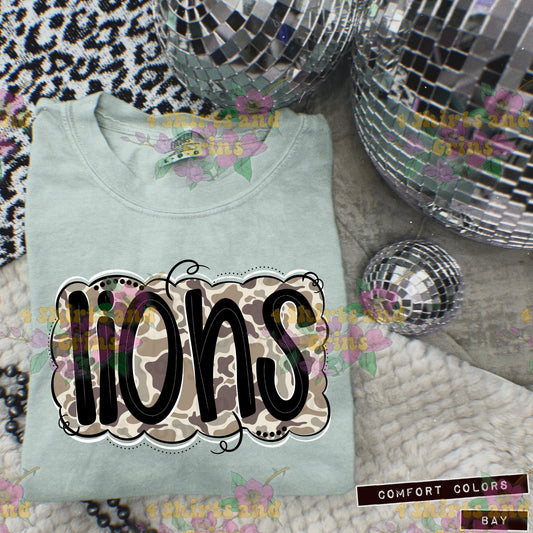 Lions Camo Mascot Tee | Comfort Colors® Spirit Shirt | Youth & Adult Sizes | Message for Other Mascots