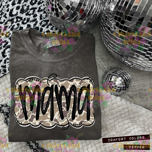 Camo Mama Shirt | Comfort Colorsยฎ Tee | Neutral Retro Camo Graphic | DTF Transfer | Adult Sizes S-4XL