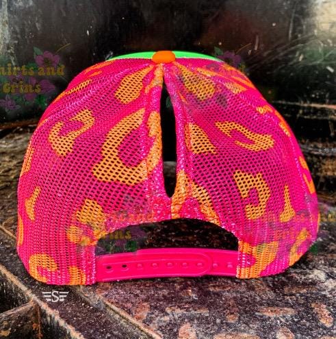 Custom Neon Leopard Trucker Hat | Passenger Princess / Passenger Problem Cap | Puff Vinyl Ponytail Hat | Summer Mesh Snapback