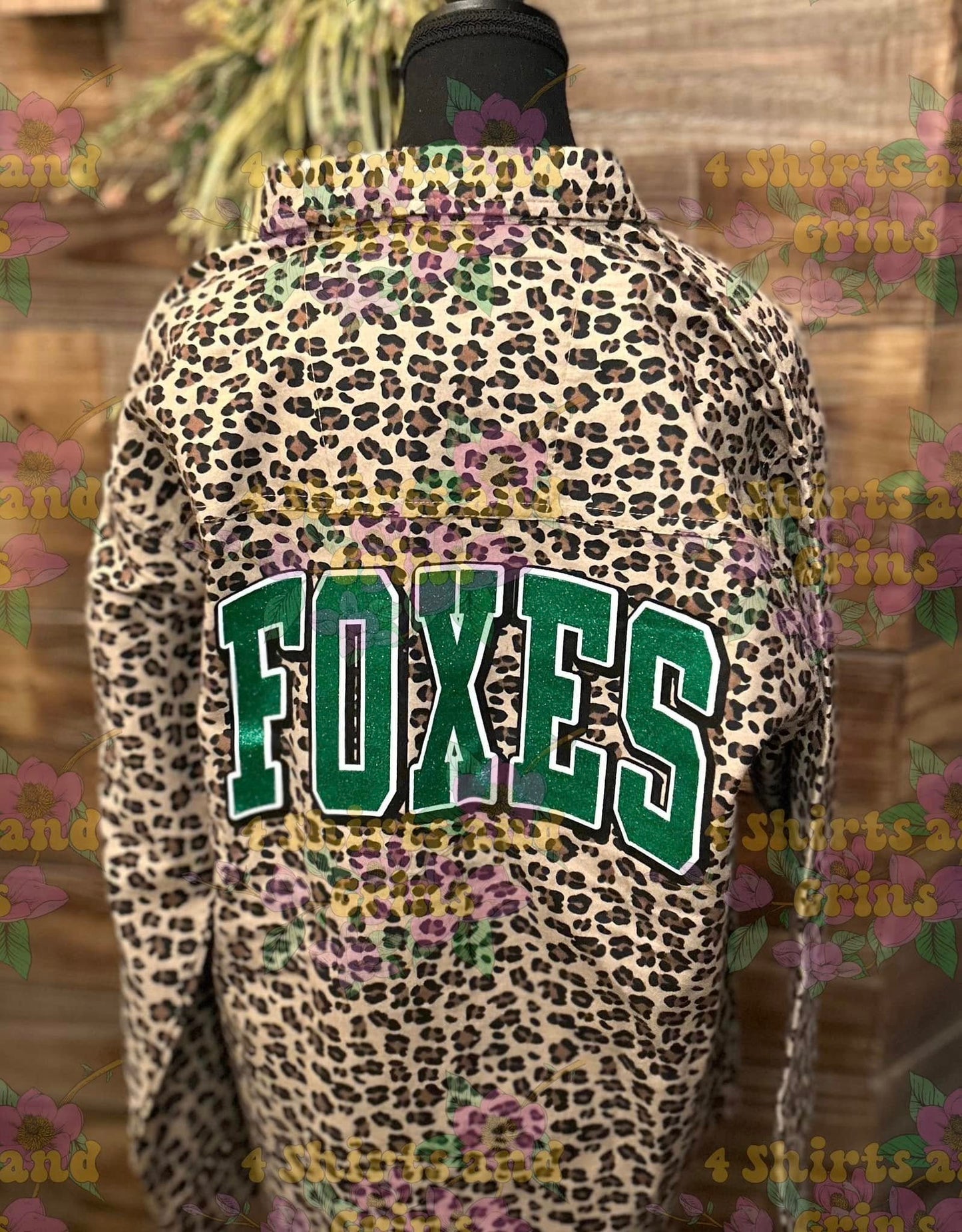 Leopard Flannel Spirit Shirt | FOXES Green Glitter Back Print