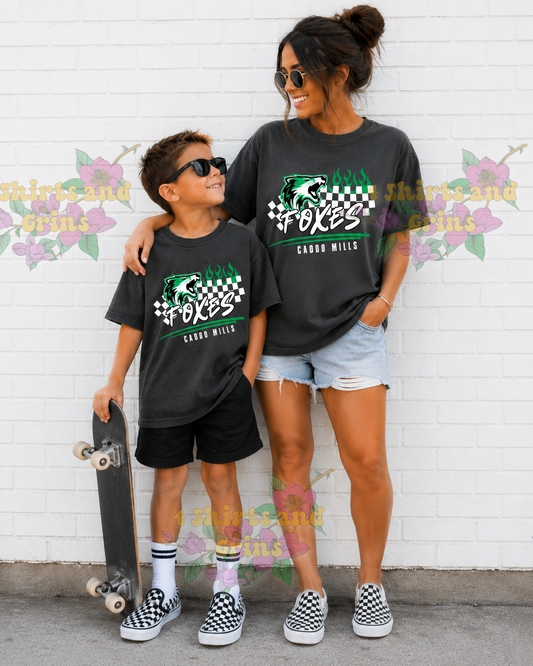 Caddo Mills Foxes Checkered Flames Comfort Colors® T-Shirt | Youth & Adult | Football Game Day | School Spirit Tee
