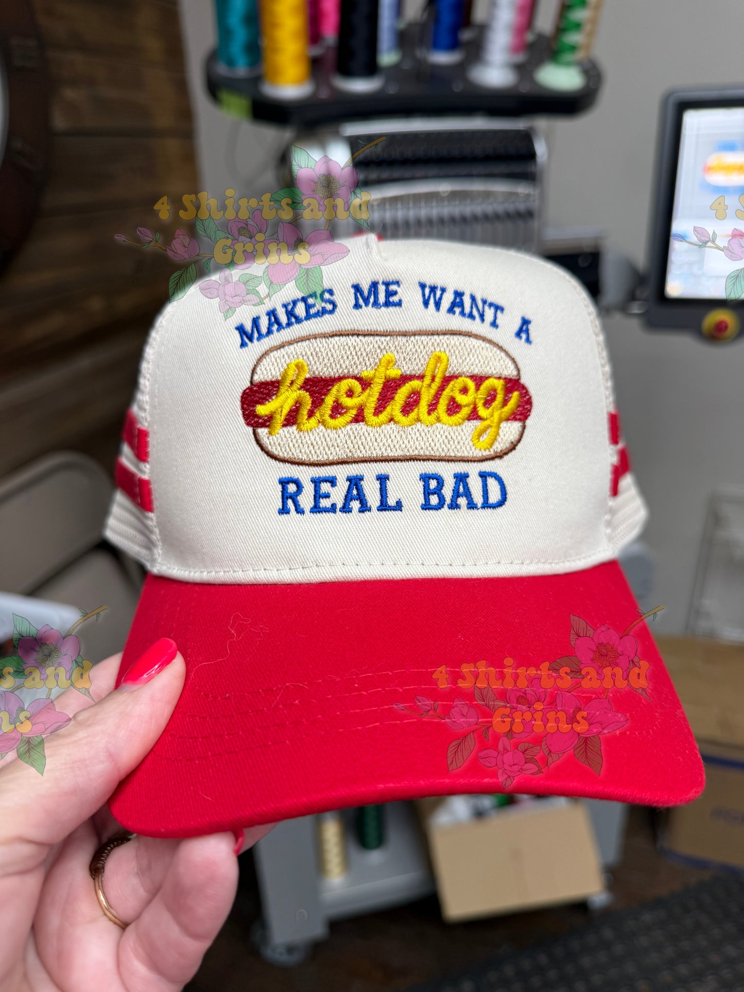 Makes Me Want a Hotdog Real Bad Embroidered Trucker Hat | Retro Side Stripe Hat | Funny Summer Baseball Cap | Snapback Mesh Hat