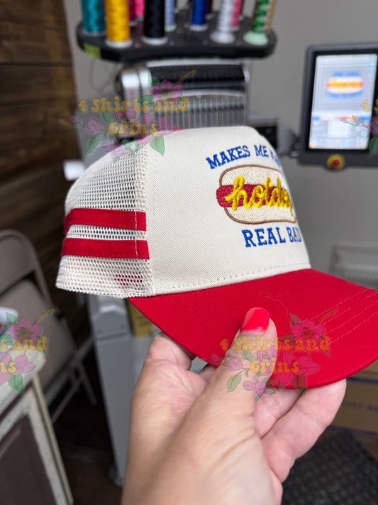 Makes Me Want a Hotdog Real Bad Embroidered Trucker Hat | Retro Side Stripe Hat | Funny Summer Baseball Cap | Snapback Mesh Hat
