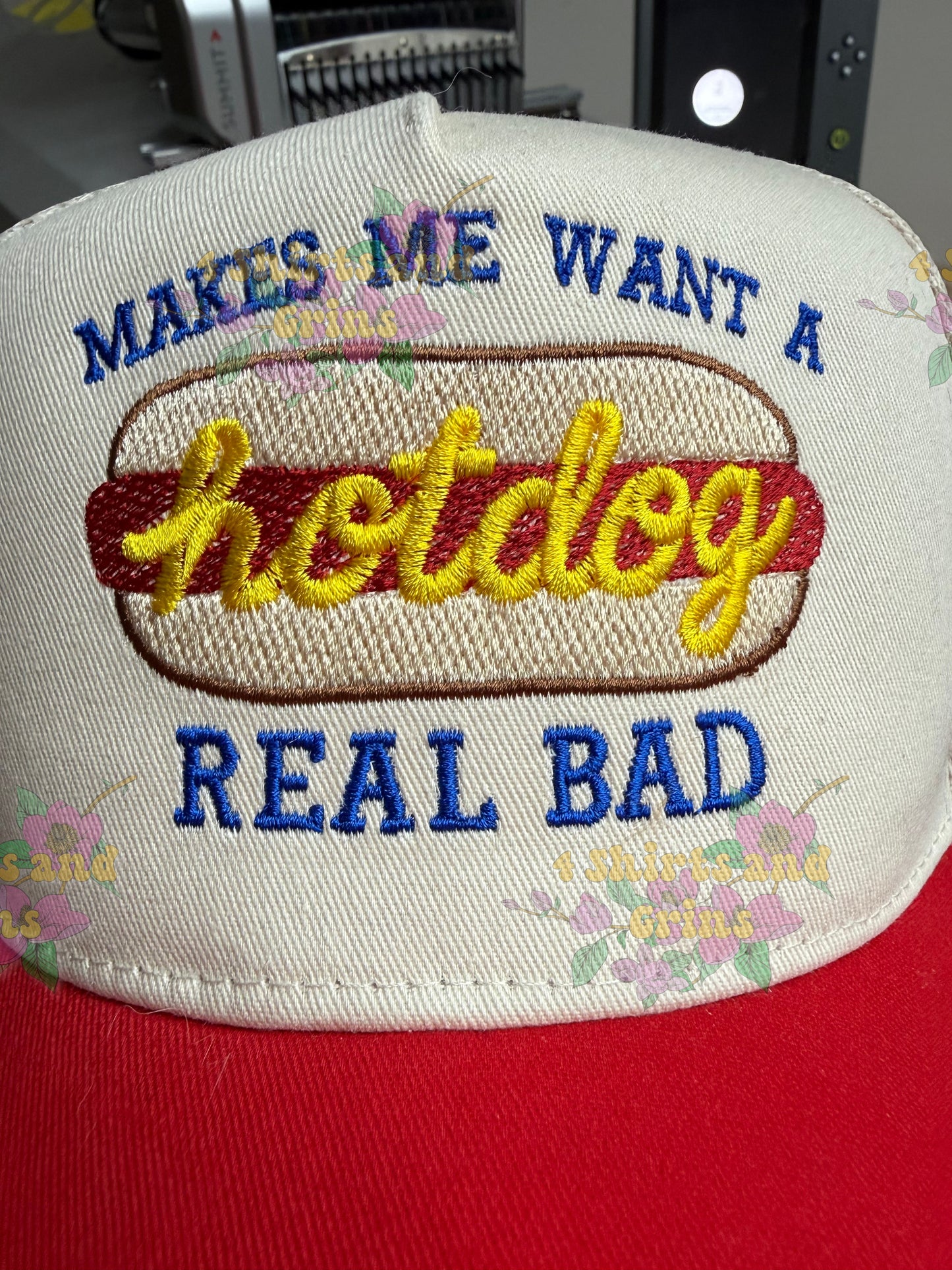 Makes Me Want a Hotdog Real Bad Embroidered Trucker Hat | Retro Side Stripe Hat | Funny Summer Baseball Cap | Snapback Mesh Hat
