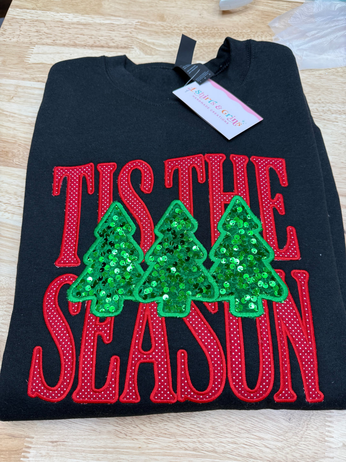 READY TO SHIP | Tis the Season Christmas Sweatshirt – Sequin Christmas Trees & Embroidered Appliqué Crewneck