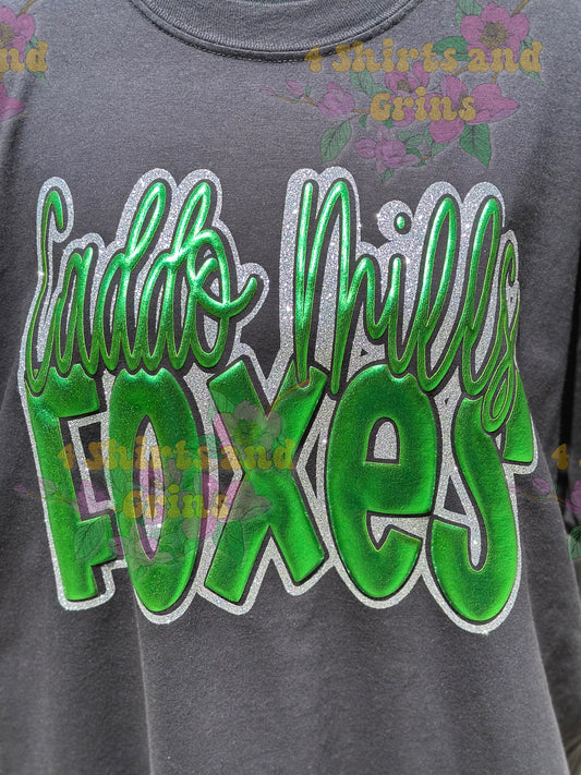 Caddo Mills Foxes Metallic Puff Tee | Comfort Colors® Spirit Shirt | Silver Glitter & Green Puff