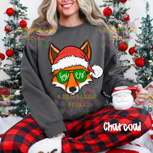 Santa Fox Sunglasses Christmas Shirt – Youth & Adult – Comfort Colors® Pepper Tee or Long Sleeve, Charcoal Sweatshirt