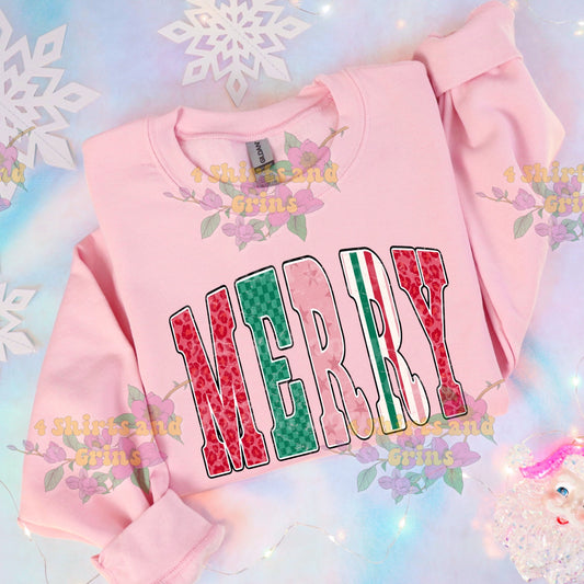 Merry Patch Pattern Christmas Shirt or Sweatshirt – Youth & Adult Sizes