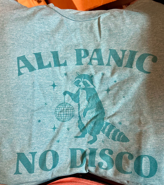 All Panic, No Disco Tee | Sublimated Raccoon Shirt in Heather Galapagos Blue