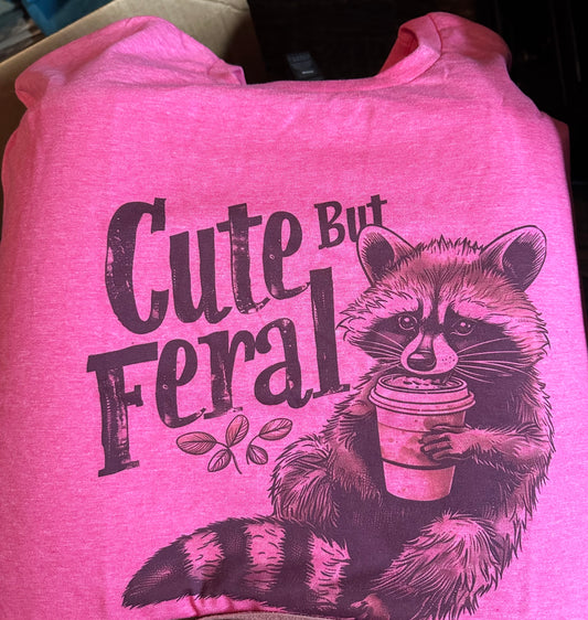 Cute But Feral Raccoon Tee | Heather Heliconia Gildan Softstyle