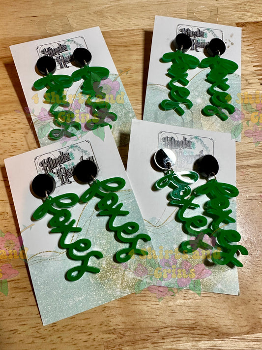 Foxes Acrylic Statement Earrings | Spirit Wear School Mascot Jewelry | Green Dangle Earrings for Game Day | 2.5" Lightweight Earrings