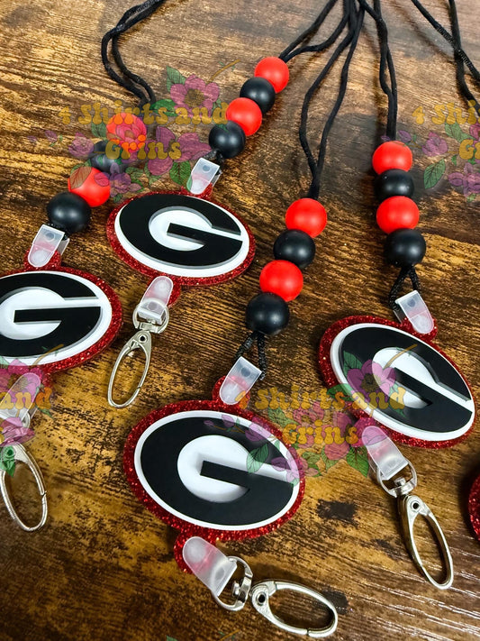 Greenville Breakaway Lanyard with Acrylic G Charm – Red & Black Beaded