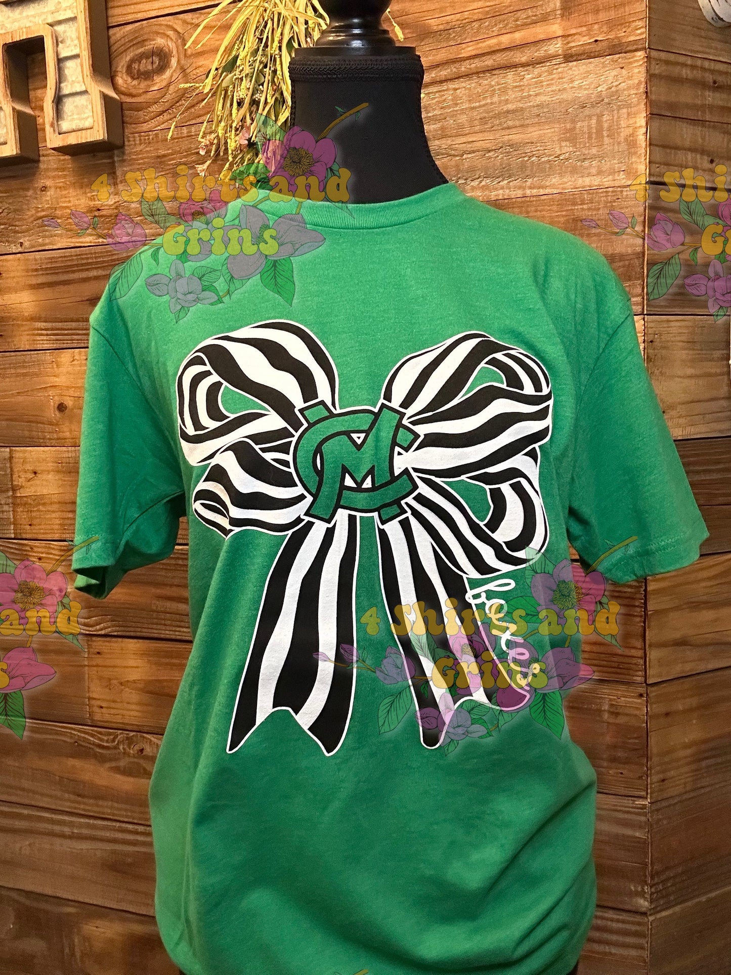🎀 Caddo Mills Green Tee with Black and White Striped Bow – Next Level 6210 – Limited Quantities!