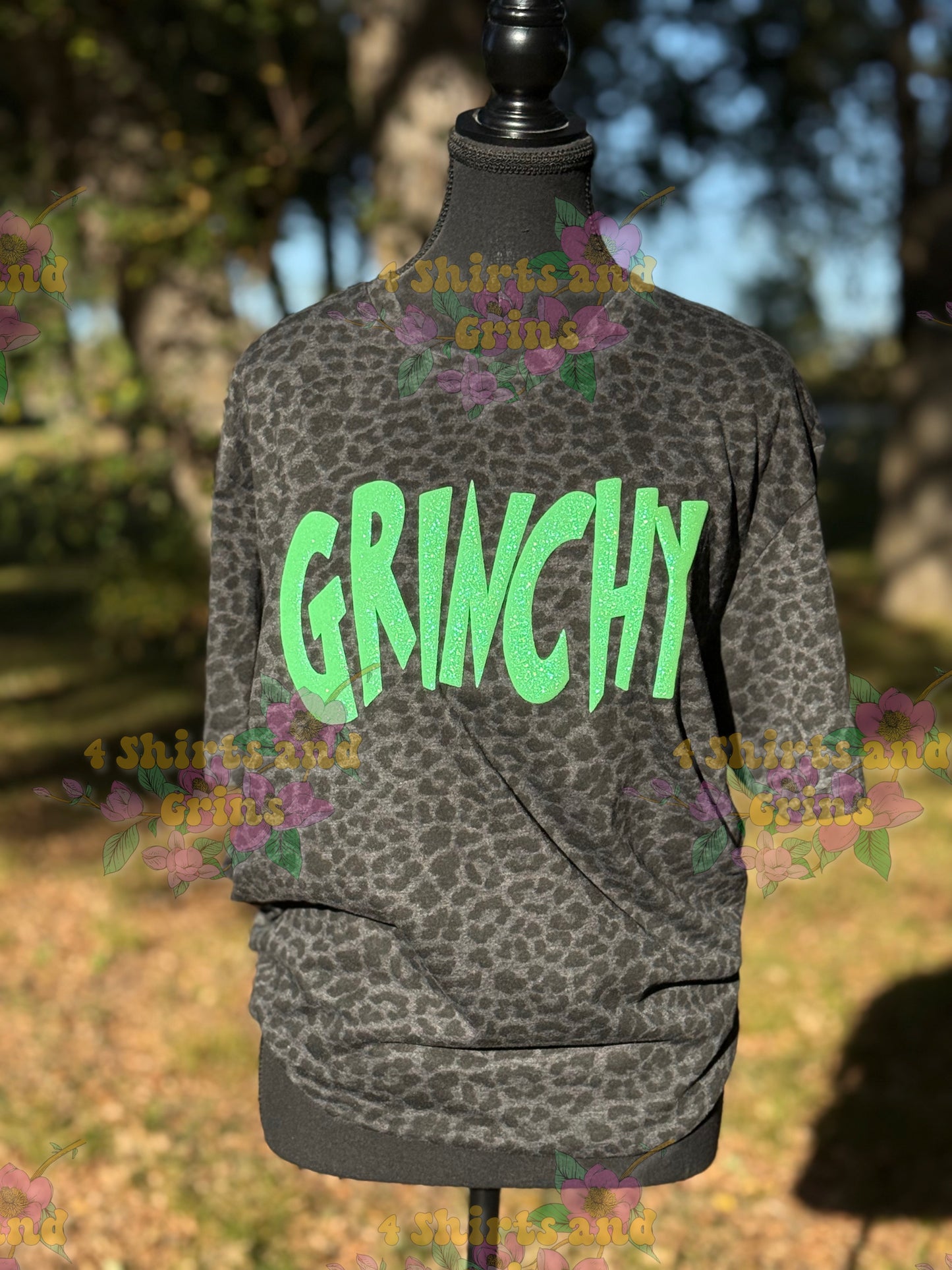 Grinchy Leopard Shirt – Neon Green Glitter Puff – LAT Leopard Long Sleeve, Crewneck, and Hoodie Options