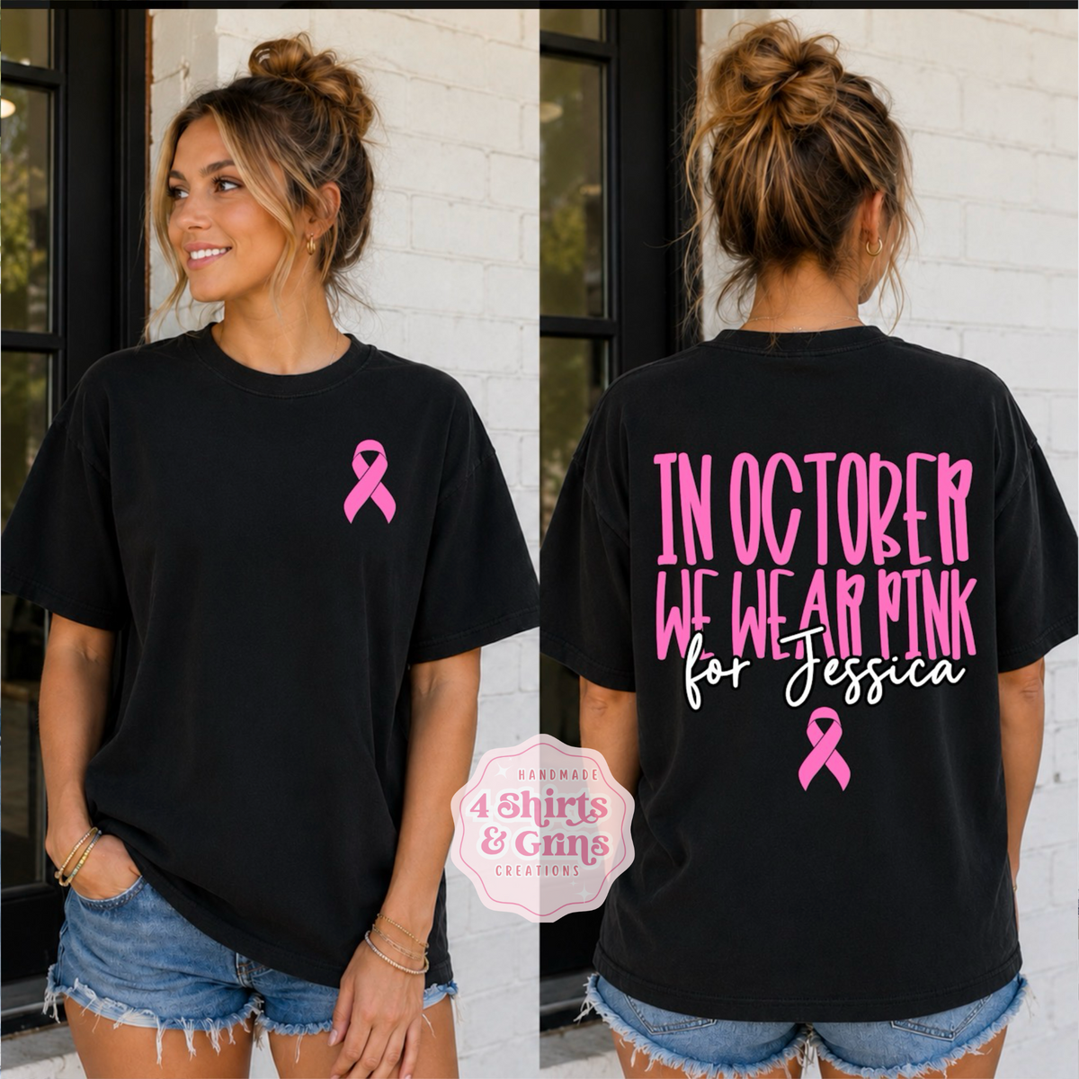 Custom In October We Wear Pink Breast Cancer Awareness Shirt