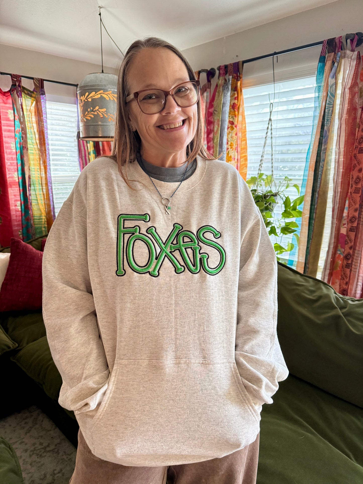 3D Puff Embroidered Foxes Crewneck Sweatshirt