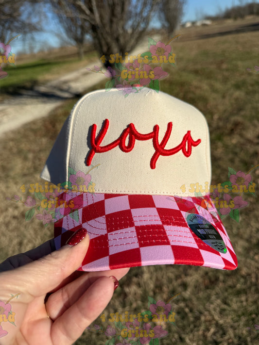 XOXO Valentine Magna-Pony™ Hat (3D Puff Embroidery) | Red & Pink Checkered Brim