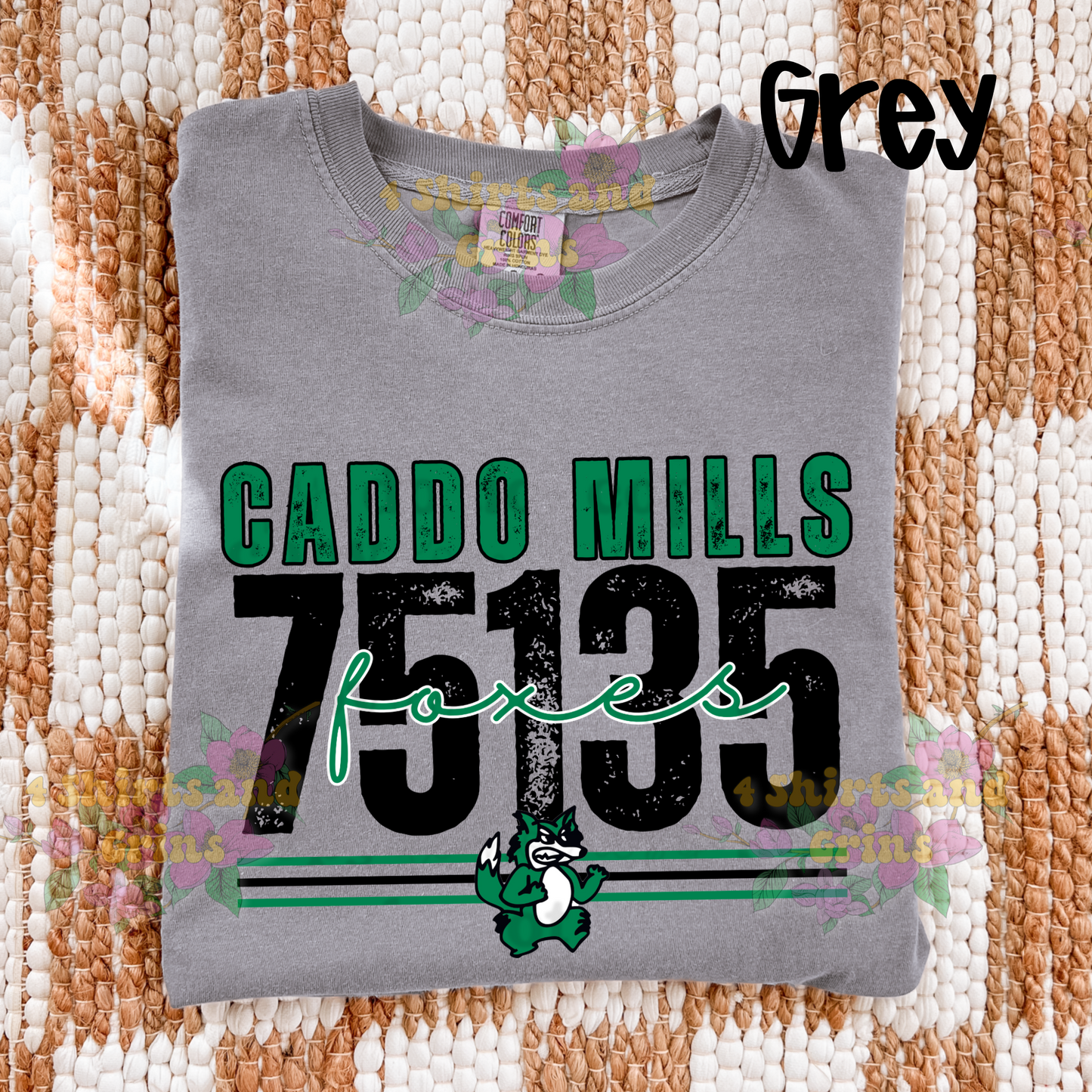 Caddo Mills Foxes 75135 Distressed Tee | Comfort Colors Grey Shirt | Youth & Adult Sizes