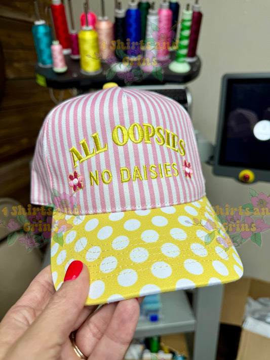 All Oopsies No Daisies Hat | Embroidered Magna Pony Trucker Hat | Pink Stripe Polka Dot Cap | Funny Floral Hat