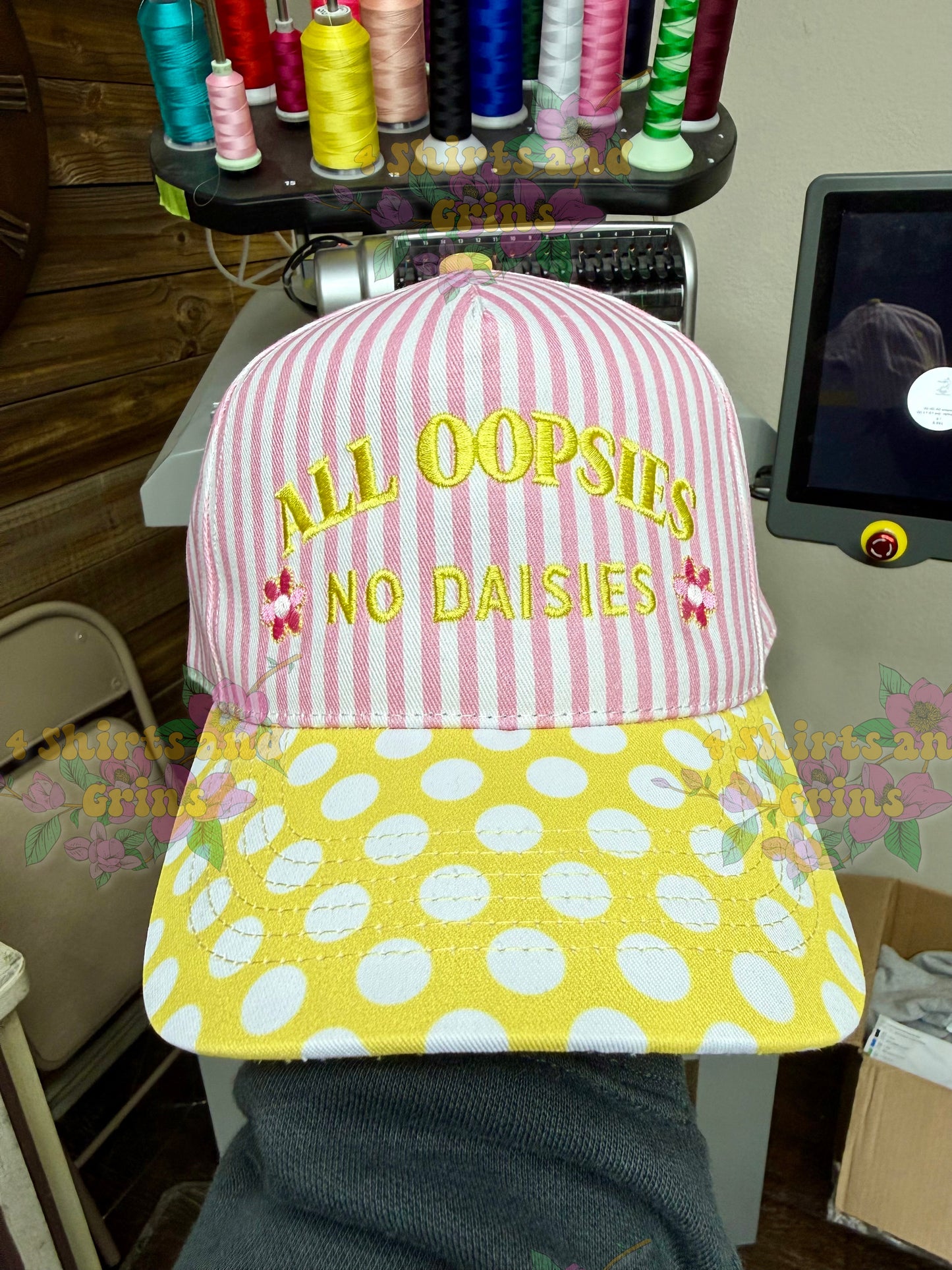 All Oopsies No Daisies Hat | Embroidered Magna Pony Trucker Hat | Pink Stripe Polka Dot Cap | Funny Floral Hat