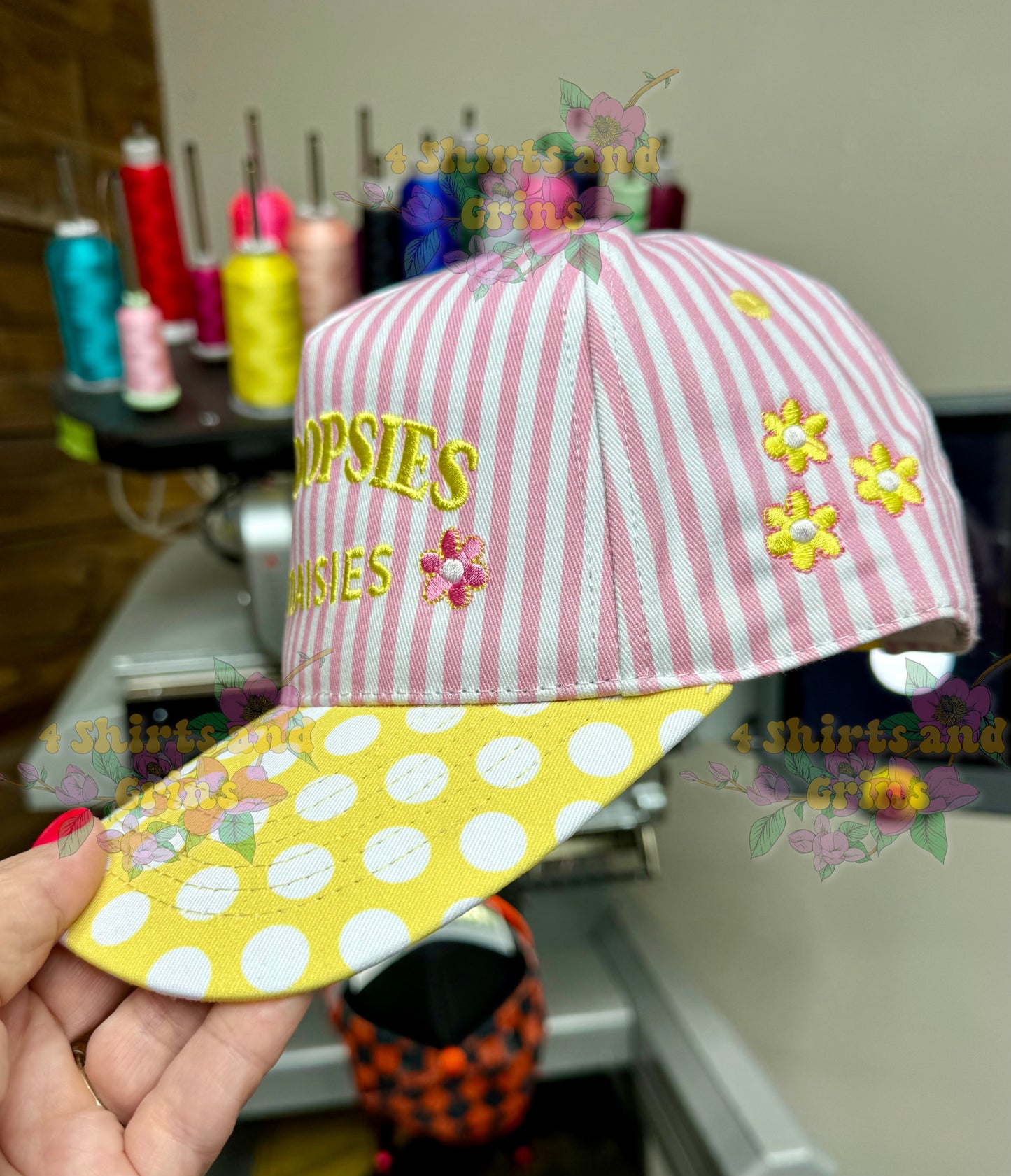 All Oopsies No Daisies Hat | Embroidered Magna Pony Trucker Hat | Pink Stripe Polka Dot Cap | Funny Floral Hat