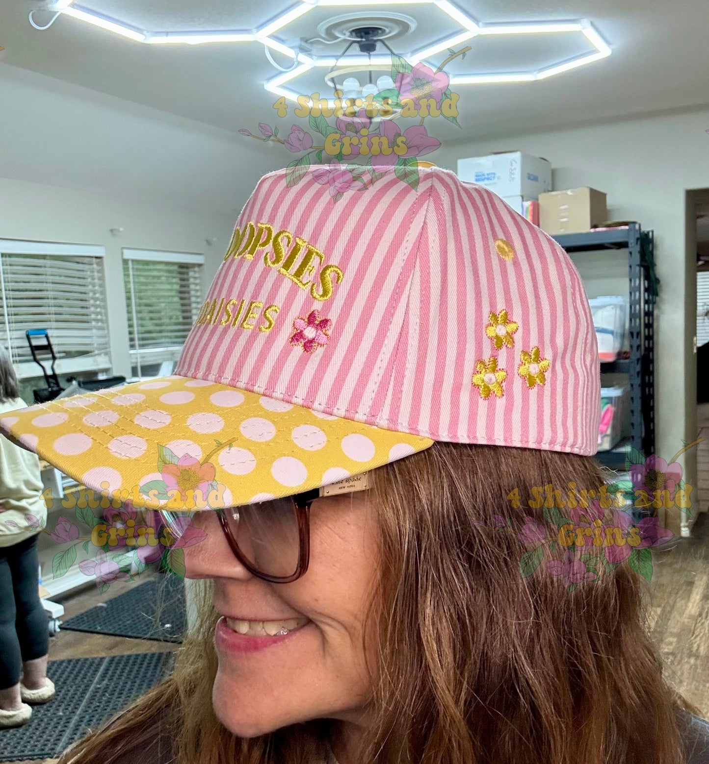 All Oopsies No Daisies Hat | Embroidered Magna Pony Trucker Hat | Pink Stripe Polka Dot Cap | Funny Floral Hat