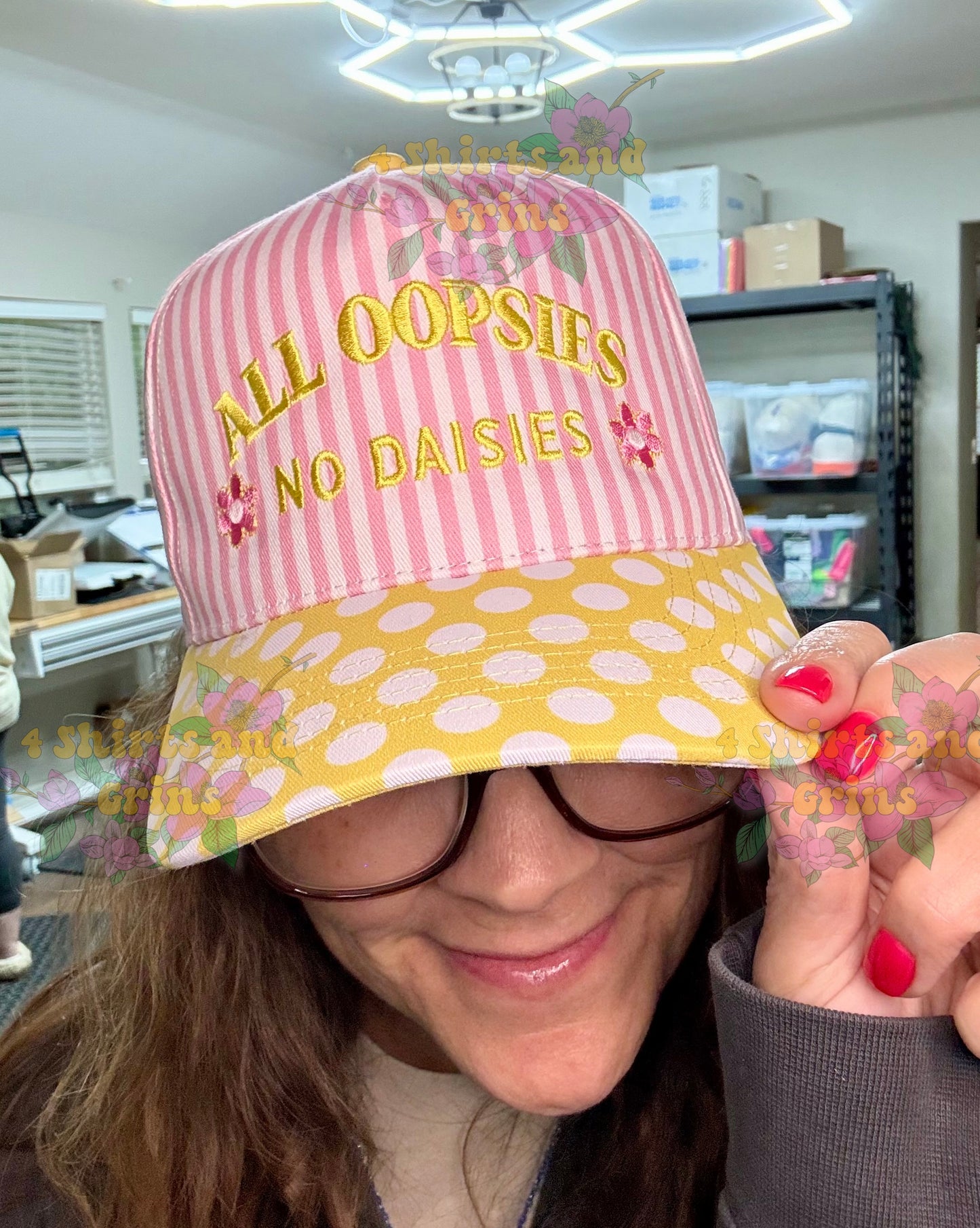 All Oopsies No Daisies Hat | Embroidered Magna Pony Trucker Hat | Pink Stripe Polka Dot Cap | Funny Floral Hat