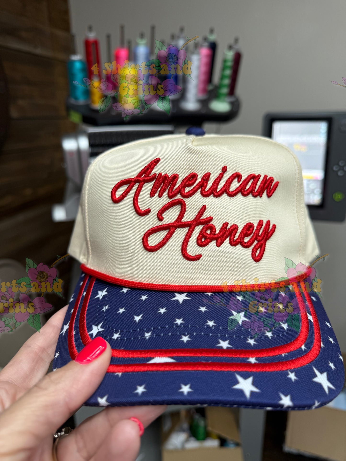 American Honey Patriotic Trucker Hat | Custom Embroidered Hat | Retro USA Hat | 4th of July Hat | Patriotic Baseball Cap